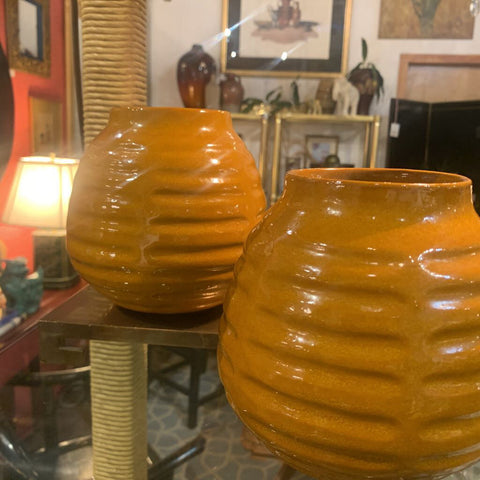 Pair of camel color short pottery vases