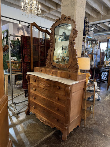 BURL WOOD DRESSER WITH MARBLE 42W 22D 83T IN STORE PICK UP ONLY