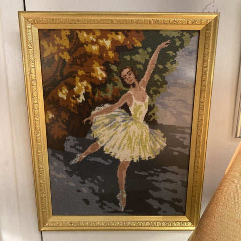 Vintage framed ballerina needlepoint (16x20 in)