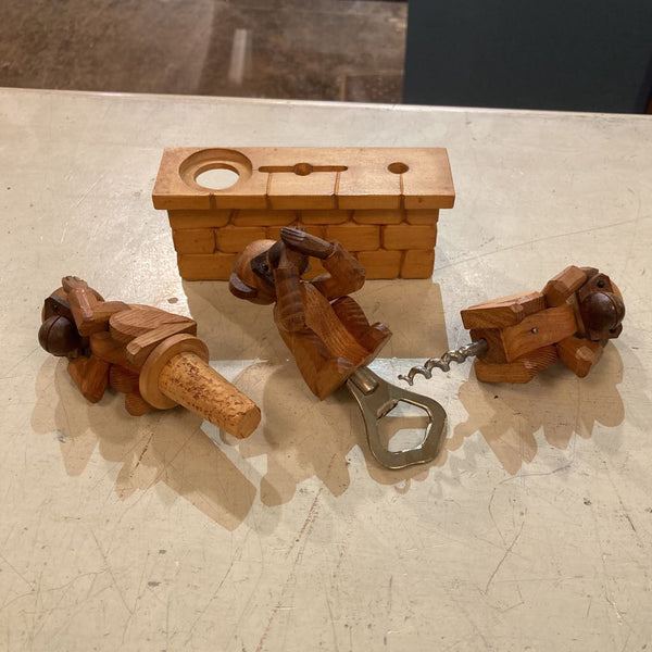 Vintage set of 3, handcrafted bar accessories - monkey form (5:h, 6:l)