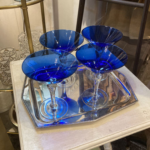 Set of 4 vintage cobalt & clear martini glasses