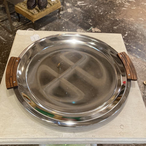 Vintage round chrome tray with wood handles (13"d)