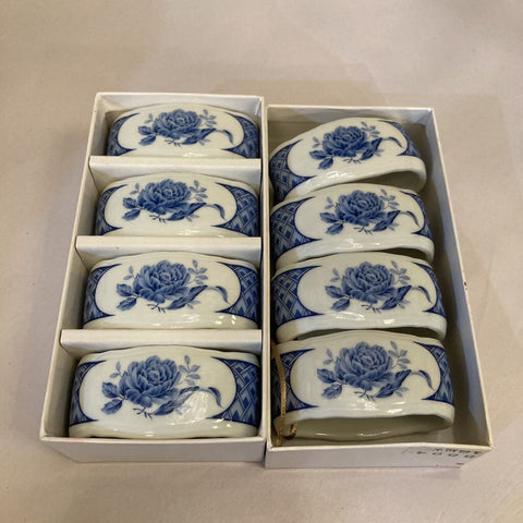 Set of 8 vintage blue & white porcelain napkin rings