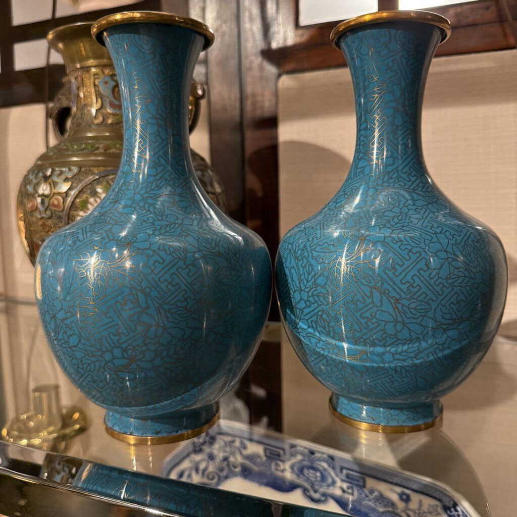 Pair of blue enamel vases with brass