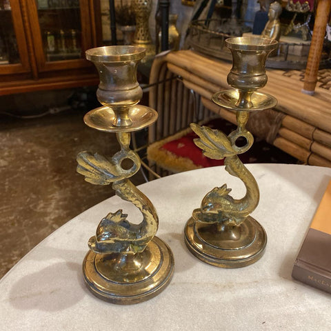 Pair Brass Dragon Candlesticks