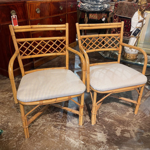 PAIR OF RATTAN CHAIRS WITH STRIPED CUSHIONS 22.5W X 20.5D X 34T (IN STORE PICK UP ONLY)