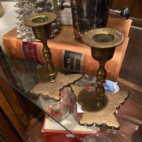 Pair Brass Butterfly Candlesticks