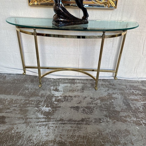 Labarge Hollywood Regency brass and beveled glass demilune console table 54.5x28tx17 pick up only