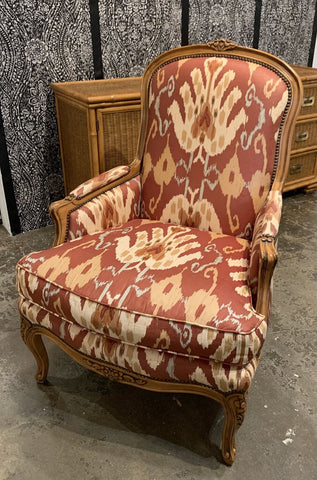 VINTAGE BAKER FURNITURE CHAIR WITH NEWER IKAT UPHOLSTERY