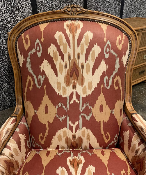 VINTAGE BAKER FURNITURE CHAIR WITH NEWER IKAT UPHOLSTERY