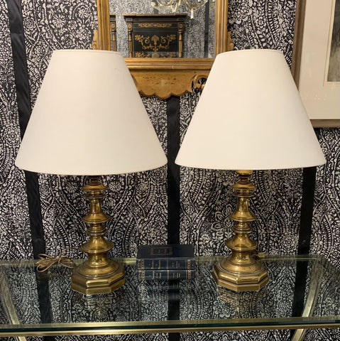 MCM BRASS PAGODA LAMP PAIR W/SHADES | 30.5"H (FINIAL) 19"W (SHADE)