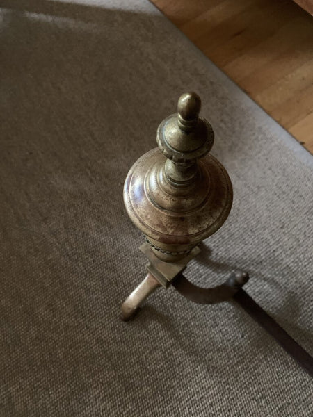 LARGE ETCHED AGED BRASS CLAW FOOT ANDIRONS | 22" H