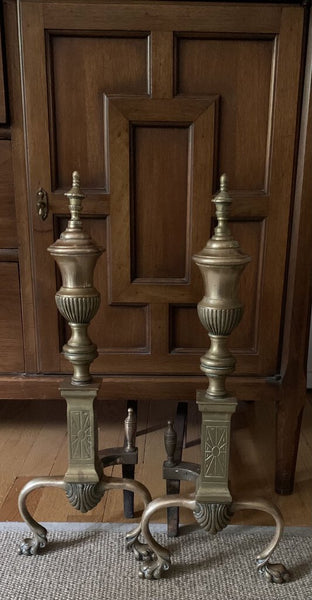 LARGE ETCHED AGED BRASS CLAW FOOT ANDIRONS | 22" H