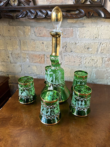 Vintage green Bohemian decanter set in neoclassical style with gold overlay pick up only