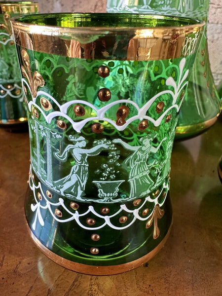 Vintage green Bohemian decanter set in neoclassical style with gold overlay pick up only