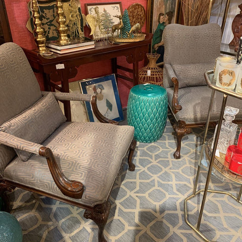 Pair of blue gray upholstered Bergere Chairs (in store pickup only)