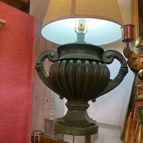 Pair of green wooden vintage urn style lamps (in store pick up only)