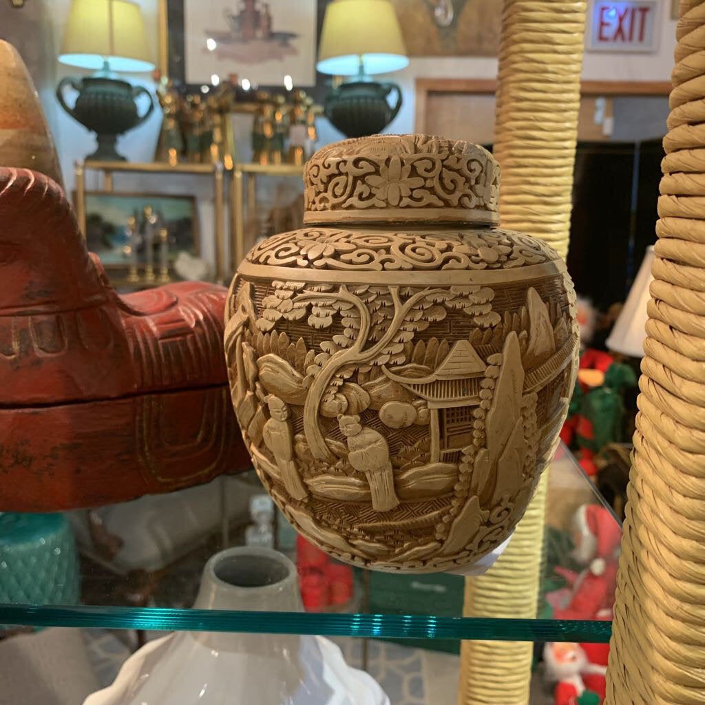 Asian Wood carved Ginger jar with lid