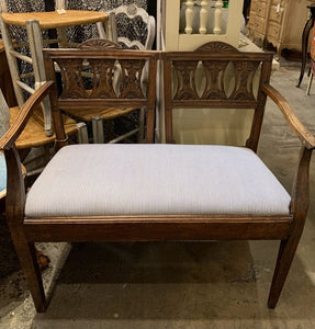 VINTAGE BENCH WITH CARVED WOOD BACK | 33.75"H x 36.26" W x 18"D