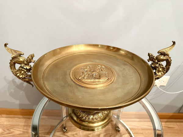 19th century French grand tour bronze Tazza with neoclassic al centerpiece, and full Griffon handles 21.5w x12.5t-Pick up only