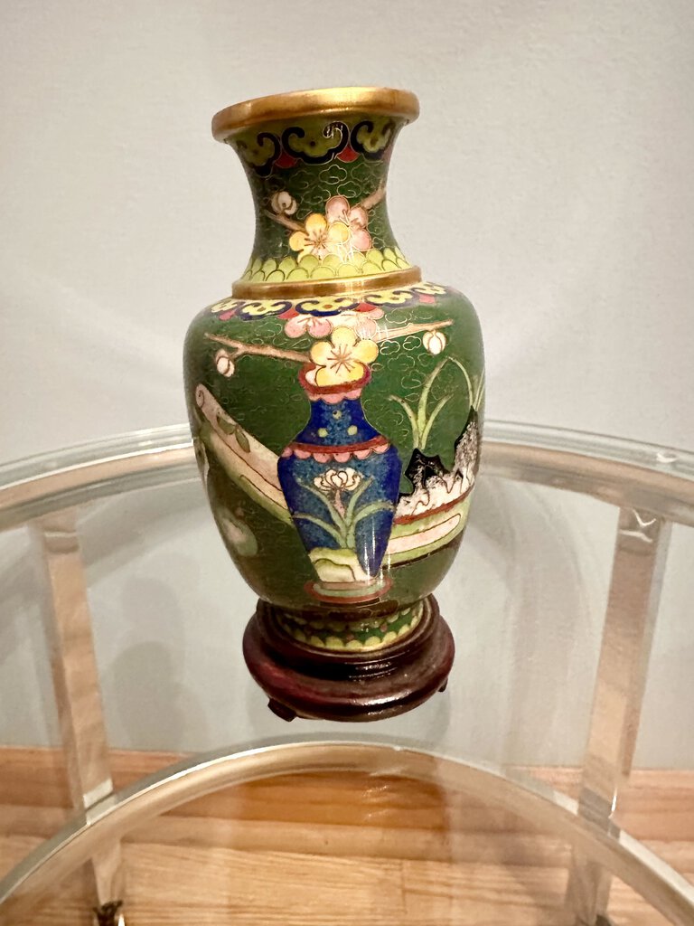 Elaborate cloisonne vase with stand