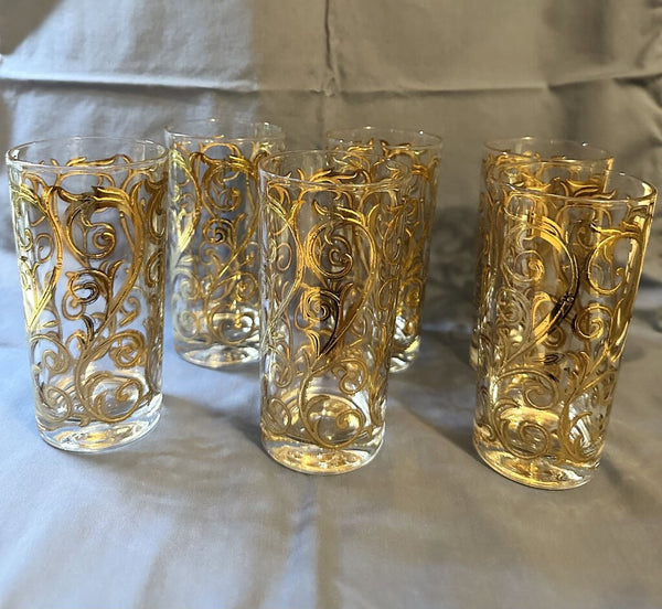 Culver Iberia Baroque Scroll tall drink glass with 22kt gold