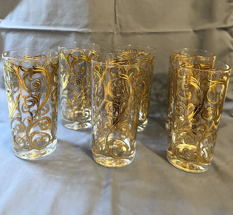 Culver Iberia Baroque Scroll tall drink glass with 22kt gold