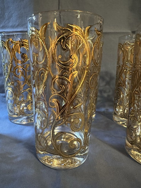 Culver Iberia Baroque Scroll tall drink glass with 22kt gold