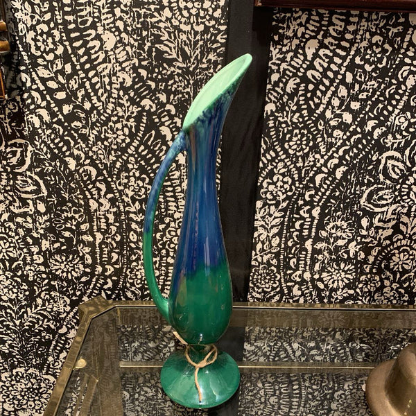 MID CENTURY HAEGER DRIP GLAZE VASE WITH HANDLE | 13.75"H X 3.5"W