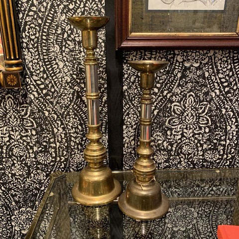 PAIR OF LARGE BRASS & SILVER CANDLE HOLDERS | 18.5"H AND 14.5"H