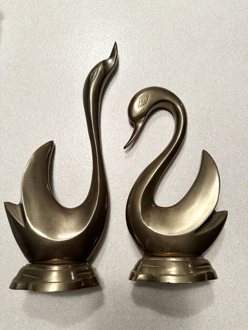 Pair vintage brass swans 11&9inch