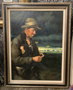 LARGE PORTRAIT PAINTING MAN IN A HAT, SIGNED & FRAMED | 37.75"H X 29.25"W