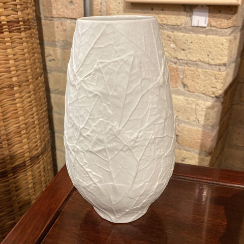 White porcelain leaf texture vase (vintage) 8"h, 4.5"w by Heinrich