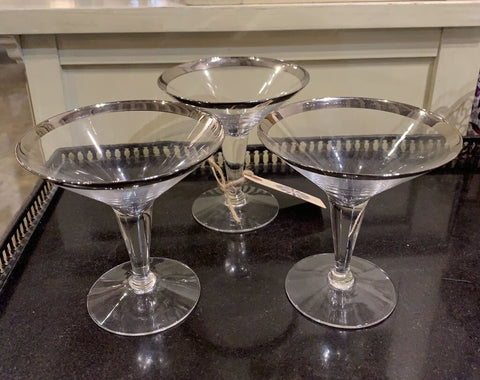 SET OF 3 DOROTHY THORPE SILVER BAND COCKTAIL GLASSES | 4.5"H X 4.5"W