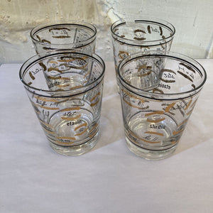 Set of 4 mid century black & 24kt gold double old fashion glasses