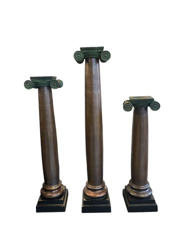 Bronze and verdigris column candlesticks - set of 3