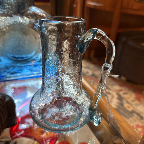 Crystal blue crackle art glass pitcher