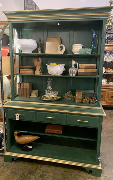 VINTAGE GREEN HUTCH CABINET WITH SHELVES - TWO PIECES | 79"H X 52"W X 20"D
