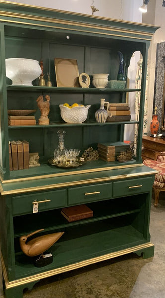 VINTAGE GREEN HUTCH CABINET WITH SHELVES - TWO PIECES | 79"H X 52"W X 20"D
