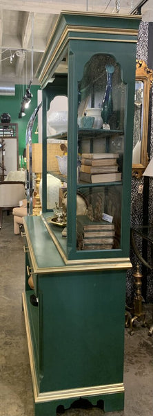 VINTAGE GREEN HUTCH CABINET WITH SHELVES - TWO PIECES | 79"H X 52"W X 20"D