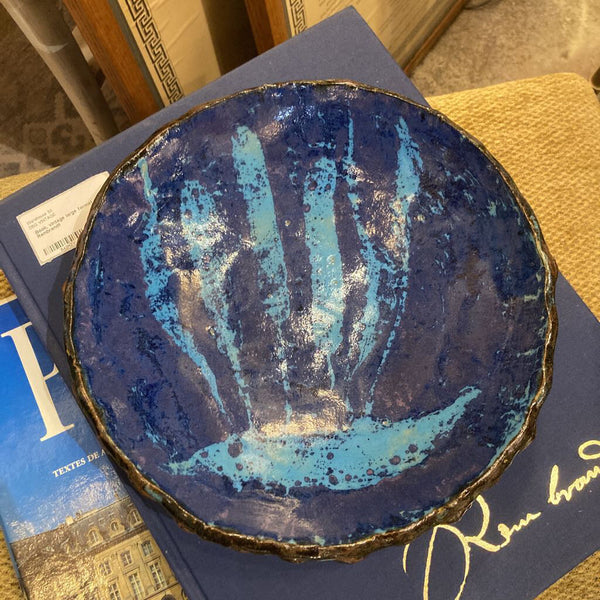 Artist signed stoneware bowl, blue & turquoise (10" d, 2" deep)