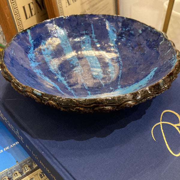 Artist signed stoneware bowl, blue & turquoise (10" d, 2" deep)