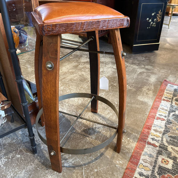 Oak and iron stool with leather seat (industrial) for pick up only 29t