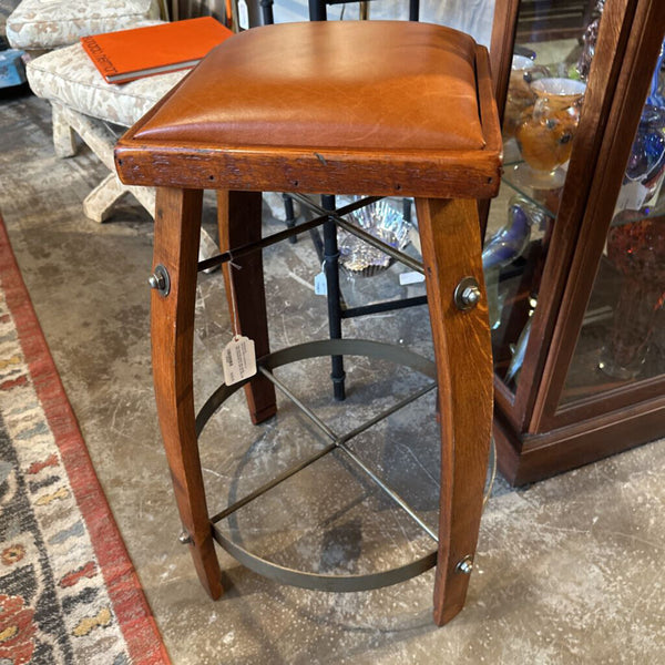 Oak and iron stool with leather seat (industrial) for pick up only 29t