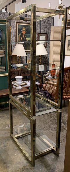 MID CENTURY BRASS CLAD ETAGERE ATTRIBUTED TO MASTERCRAFT WITH GLASS SHELVES | 72.5" H x 28" W x 17.25"D