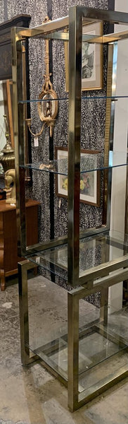 MID CENTURY BRASS CLAD ETAGERE ATTRIBUTED TO MASTERCRAFT WITH GLASS SHELVES | 72.5" H x 28" W x 17.25"D