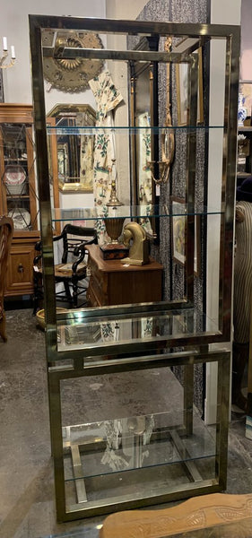 MID CENTURY BRASS CLAD ETAGERE ATTRIBUTED TO MASTERCRAFT WITH GLASS SHELVES | 72.5" H x 28" W x 17.25"D