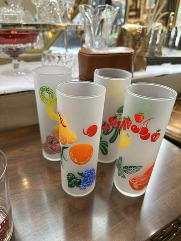 Set of 4 Fostoria satin glass" fruits" tall glasses