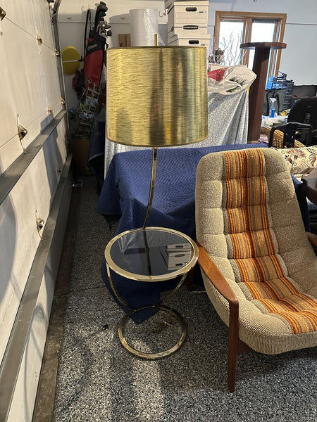 Fabulous 1960s brass and glass floor lamp with table 57.5t-overall. table is approx 18round and 21tall for pick up only