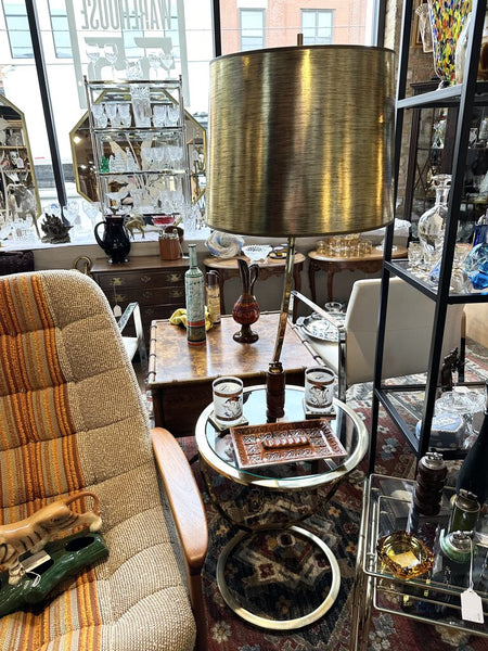 Fabulous 1960s brass and glass floor lamp with table 57.5t-overall. table is approx 18round and 21tall for pick up only